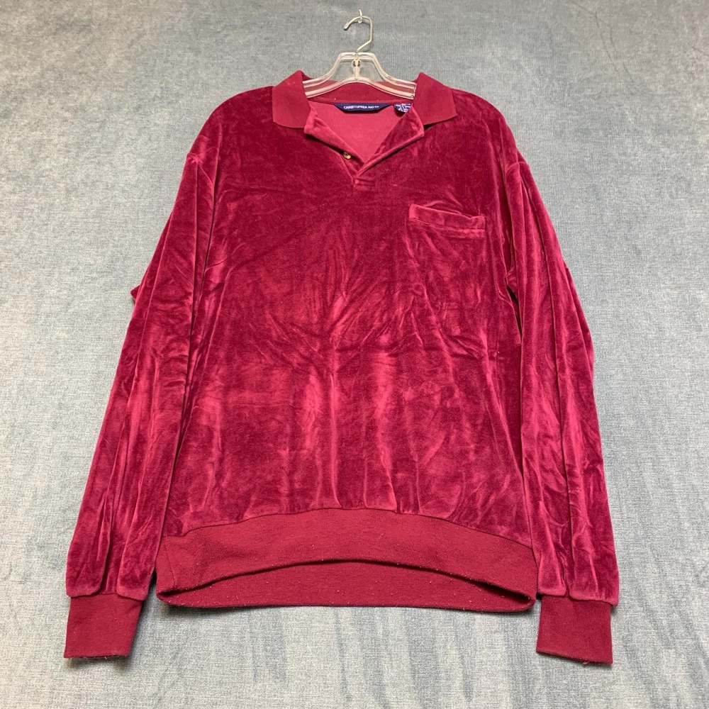 Vintage Christopher Hayes Polo Shirt Mens Medium Red Velour Cotton Ribbed Hem